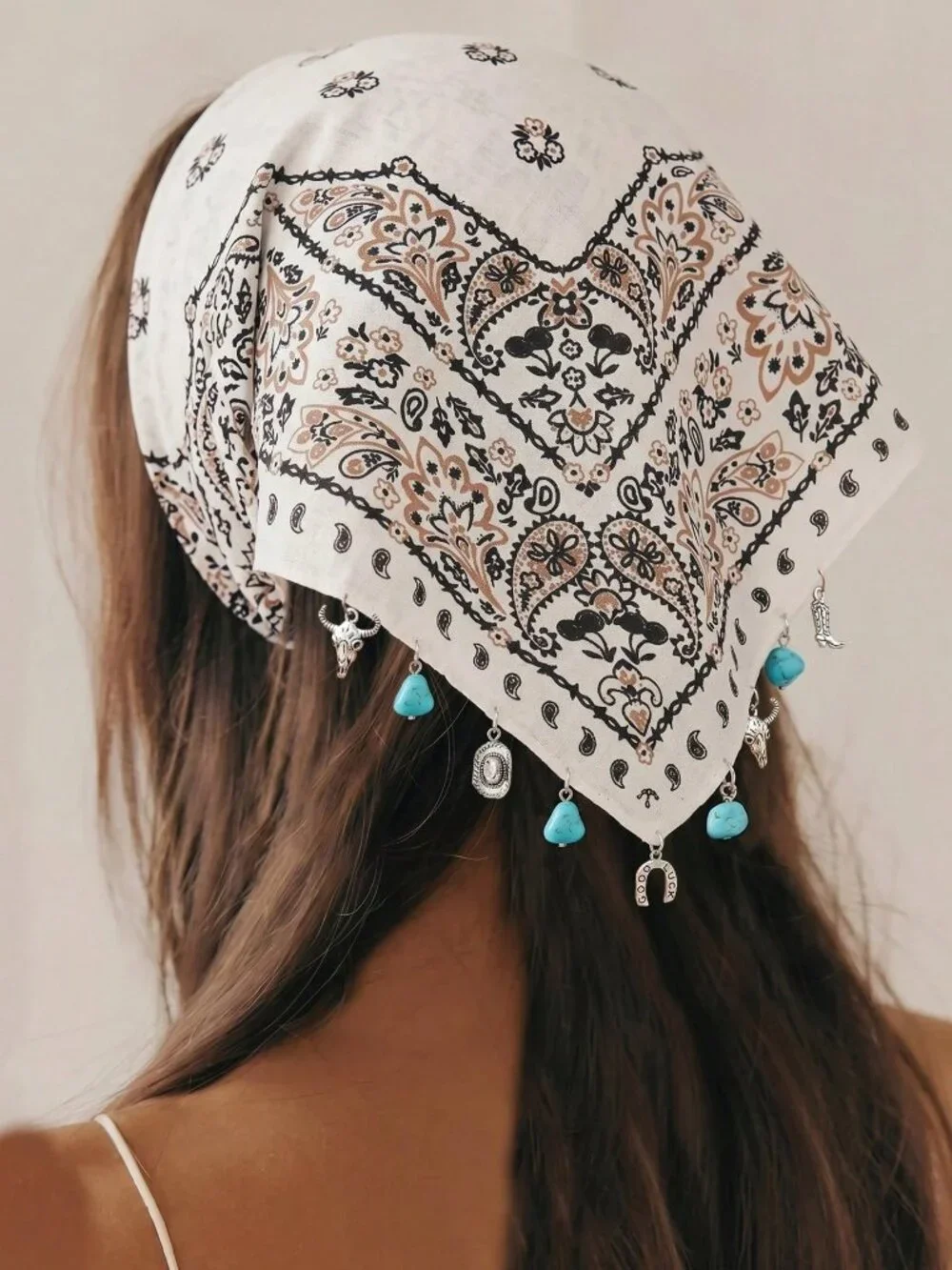 🤍 Western Paisley Cowgirl Charm Bandana 🐂 Turquoise Horseshoe Scarf